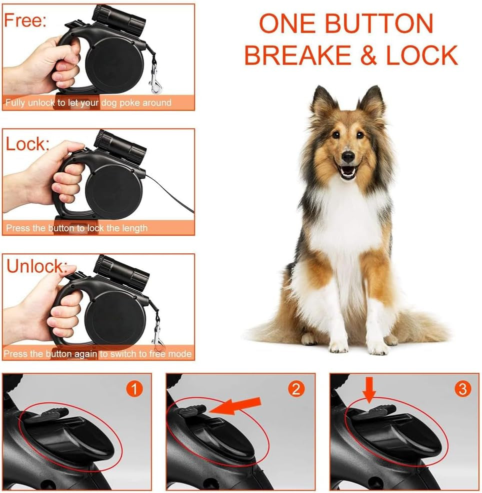 Retractable Dog Leash with LED Flashlight, 16.4 FT Dog Leashes for Small Pets, Retractable Leash with Poop Bag Holder & A Roll of Poop Bags for Small Medium Pet Up to 44 lbs