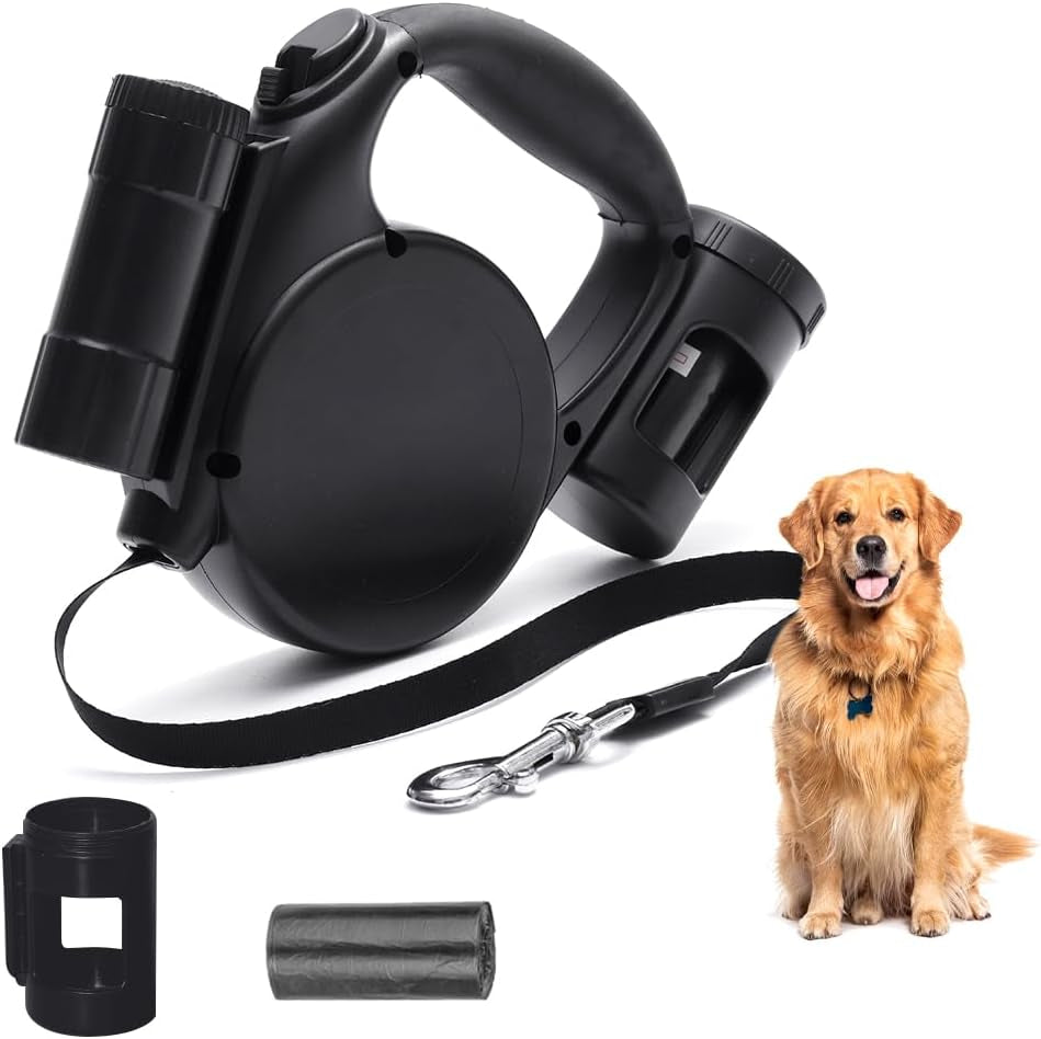 Retractable Dog Leash with LED Flashlight, 16.4 FT Dog Leashes for Small Pets, Retractable Leash with Poop Bag Holder & A Roll of Poop Bags for Small Medium Pet Up to 44 lbs