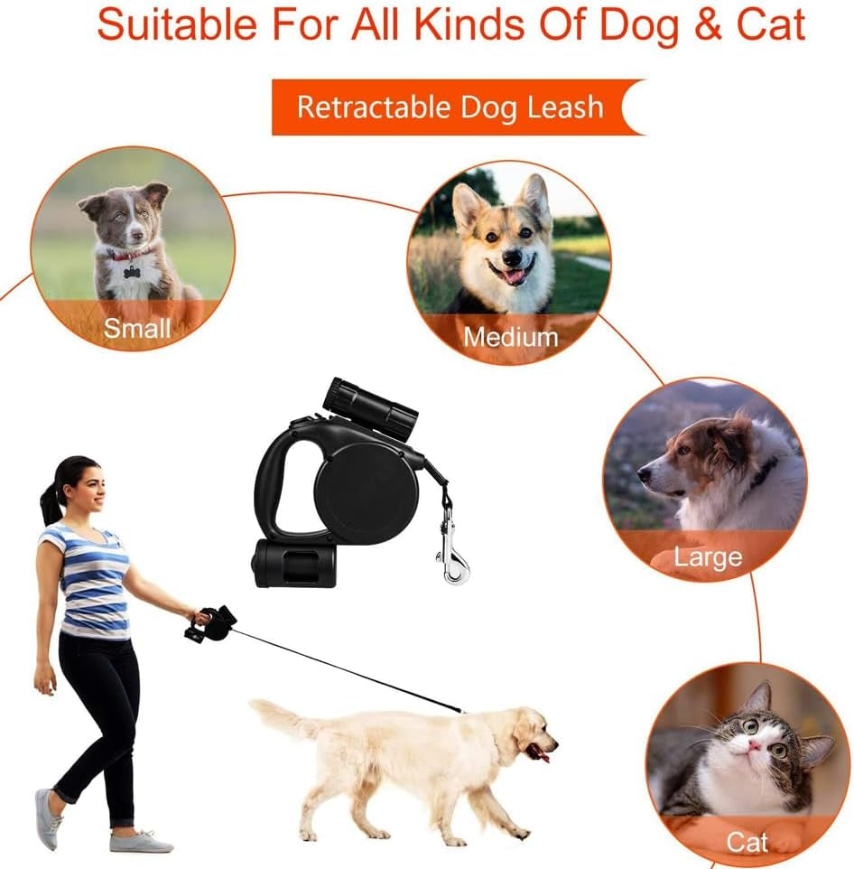 Retractable Dog Leash with LED Flashlight, 16.4 FT Dog Leashes for Small Pets, Retractable Leash with Poop Bag Holder & A Roll of Poop Bags for Small Medium Pet Up to 44 lbs