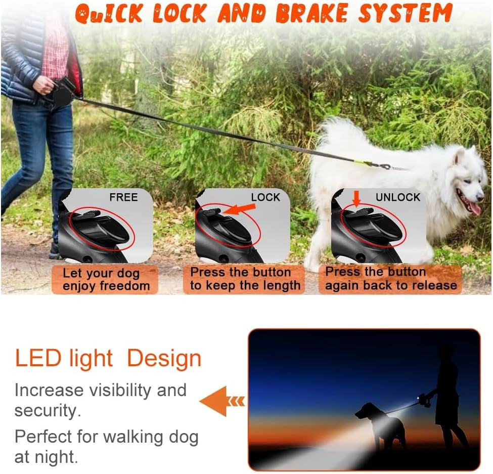 Retractable Dog Leash with LED Flashlight, 16.4 FT Dog Leashes for Small Pets, Retractable Leash with Poop Bag Holder & A Roll of Poop Bags for Small Medium Pet Up to 44 lbs