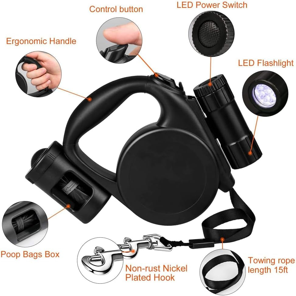Retractable Dog Leash with LED Flashlight, 16.4 FT Dog Leashes for Small Pets, Retractable Leash with Poop Bag Holder & A Roll of Poop Bags for Small Medium Pet Up to 44 lbs
