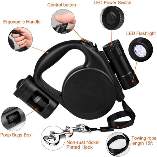 Retractable Dog Leash with LED Flashlight, 16.4 FT Dog Leashes for Small Pets, Retractable Leash with Poop Bag Holder & A Roll of Poop Bags for Small Medium Pet Up to 44 lbs