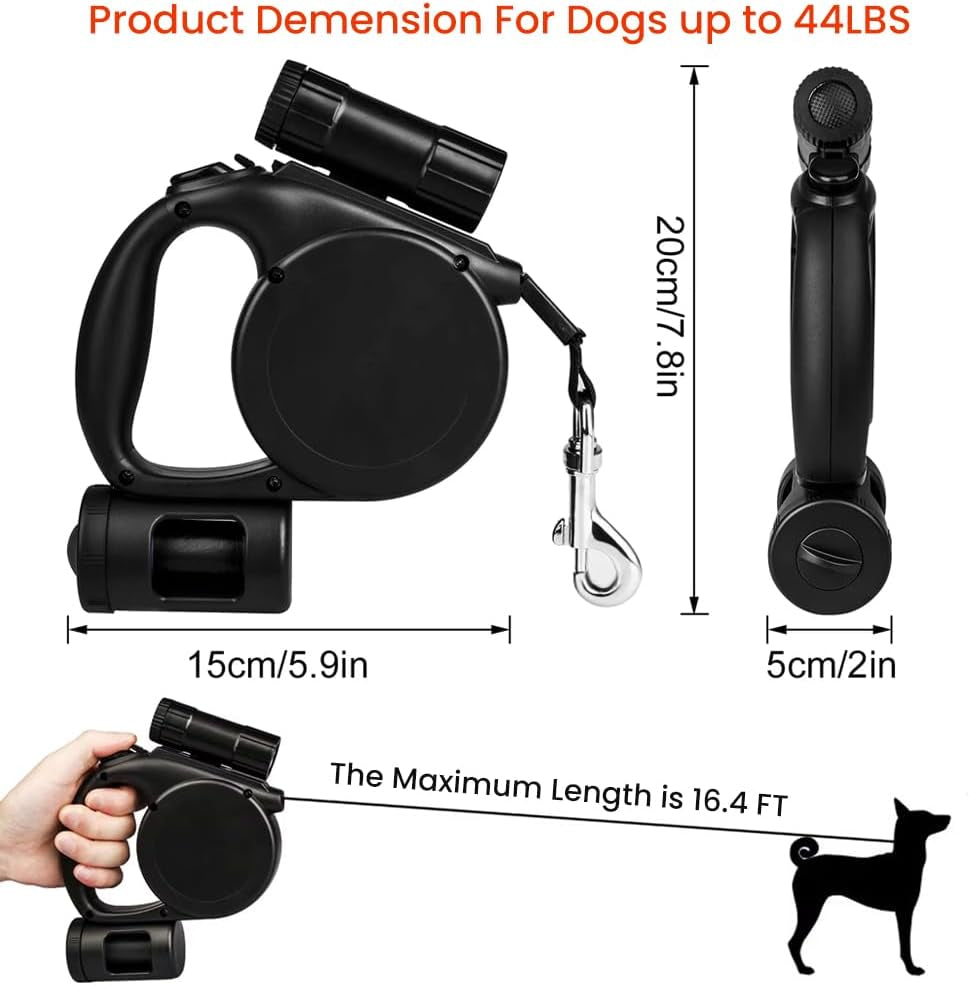 Retractable Dog Leash with LED Flashlight, 16.4 FT Dog Leashes for Small Pets, Retractable Leash with Poop Bag Holder & A Roll of Poop Bags for Small Medium Pet Up to 44 lbs